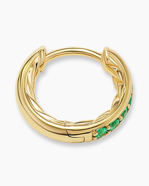 Womens Petite Pavé Huggie Hoop Earrings in 18K Yellow Gold with Emeralds, 12mm
