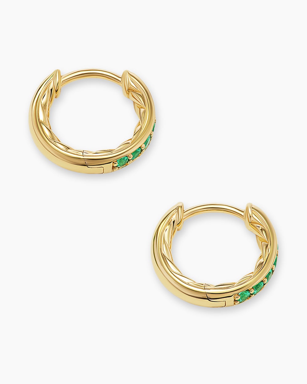 Womens Petite Pavé Huggie Hoop Earrings in 18K Yellow Gold with Emeralds, 12mm