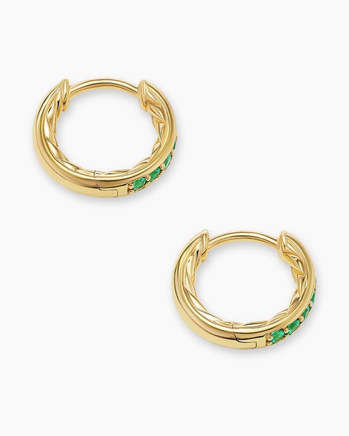 Womens Petite Pavé Huggie Hoop Earrings in 18ct Yellow Gold with Emeralds, 12mm