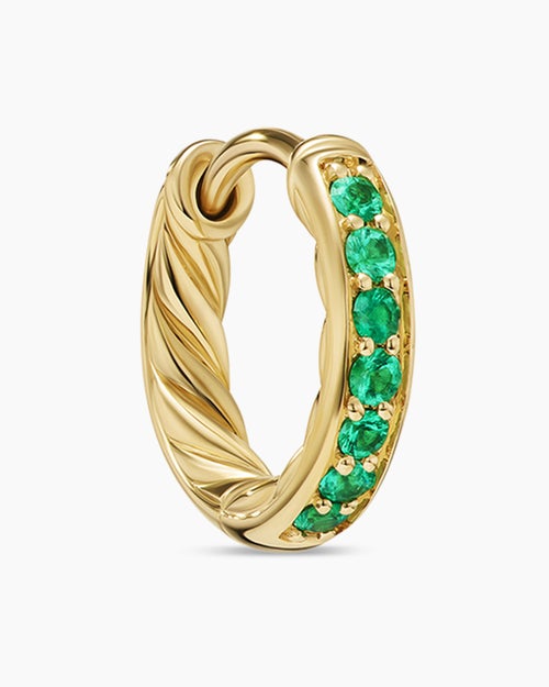 Womens Petite Pavé Huggie Hoop Earrings in 18K Yellow Gold with Emeralds, 12mm