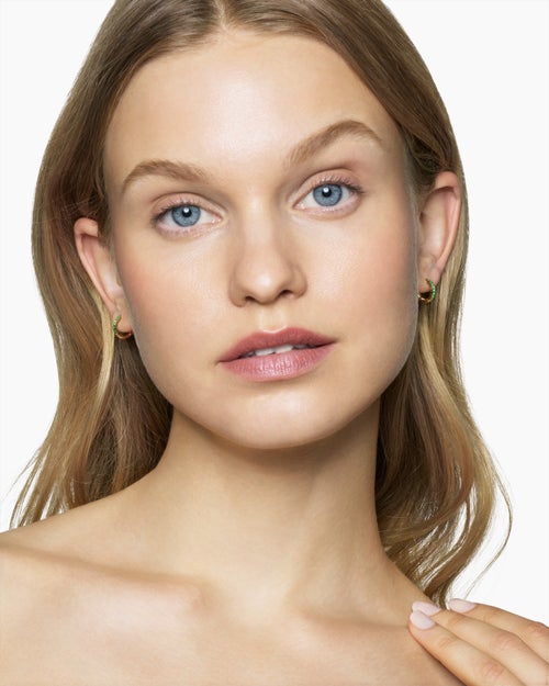 Womens Petite Pavé Huggie Hoop Earrings in 18K Yellow Gold with Emeralds, 12mm