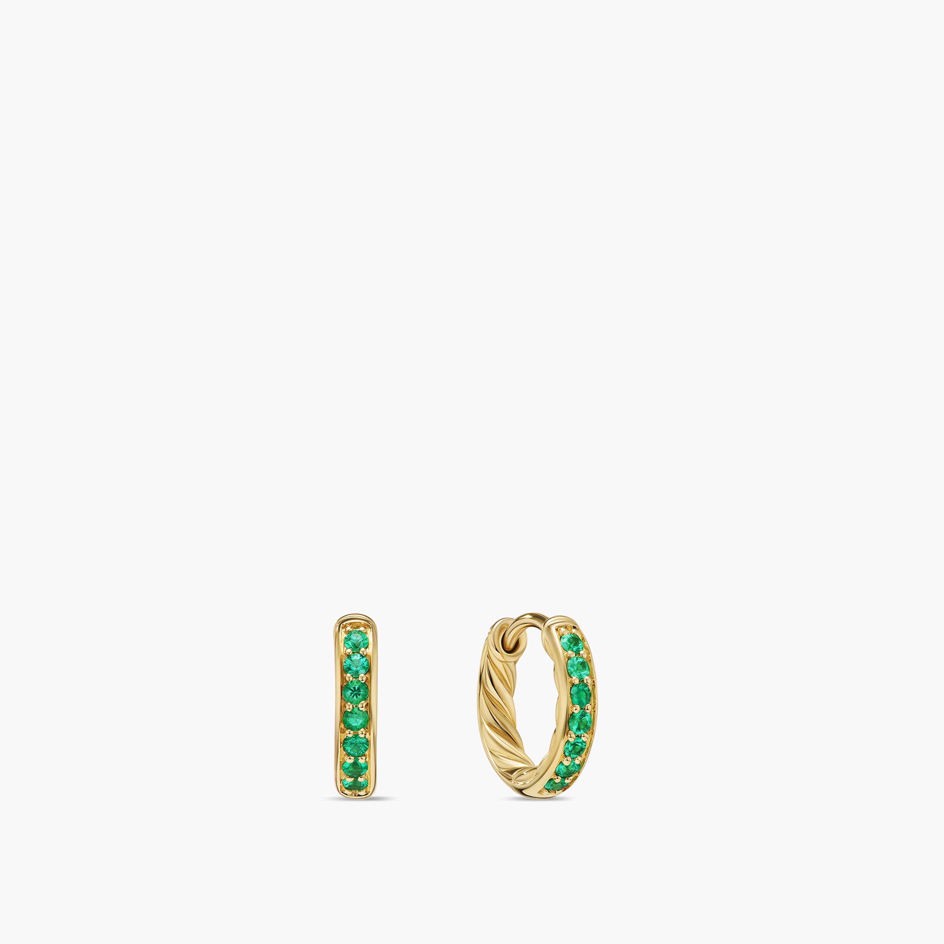 Womens Petite Pav&eacute; Huggie Hoop Earrings in 18K Yellow Gold with Emeralds, 12mm