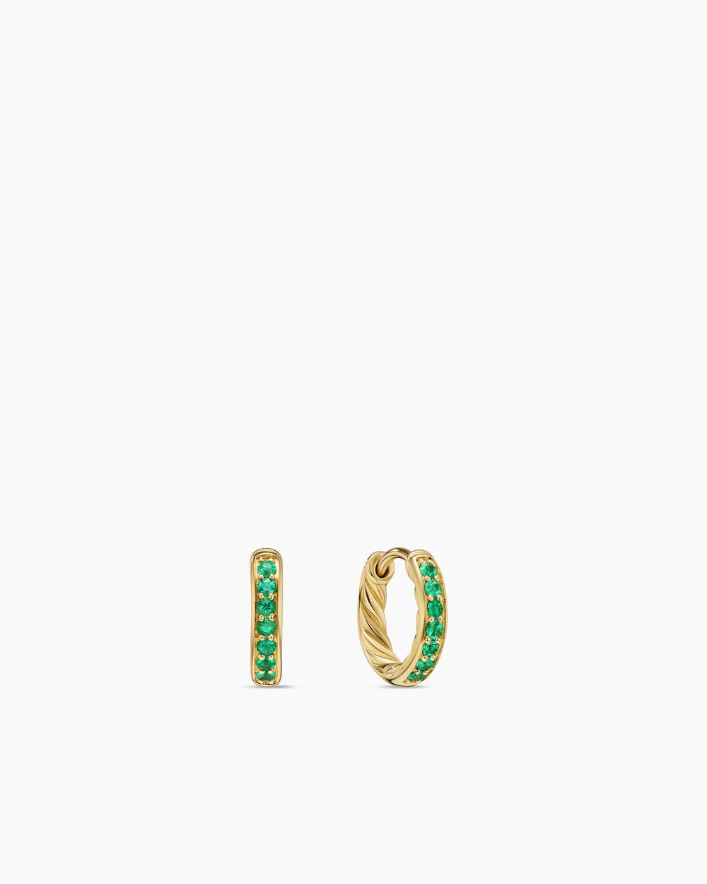 Womens Petite Pavé Huggie Hoop Earrings in 18K Yellow Gold with Emeralds, 12mm