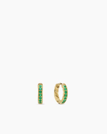 Petite Pavé Huggie Hoop Earrings in 18K Yellow Gold with Emeralds, 12mm