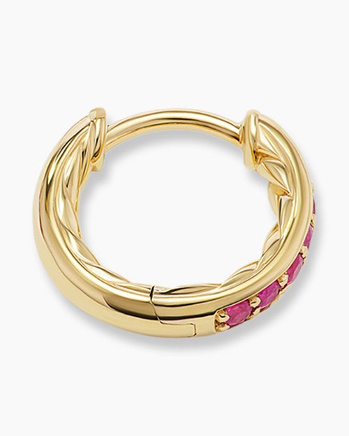 Womens Petite Pavé Huggie Hoop Earrings in 18K Yellow Gold with Rubies, 12mm