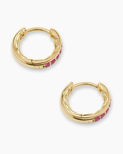 Womens Petite Pavé Huggie Hoop Earrings in 18K Yellow Gold with Rubies, 12mm