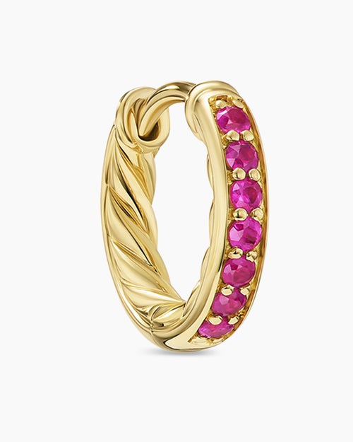 Womens Petite Pavé Huggie Hoop Earrings in 18K Yellow Gold with Rubies, 12mm