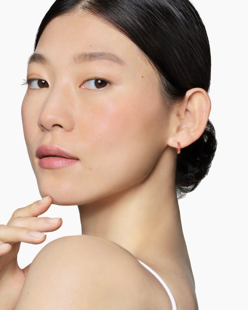 Womens Petite Pavé Huggie Hoop Earrings in 18K Yellow Gold with Rubies, 12mm