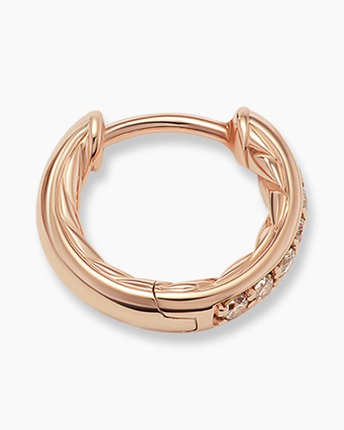 Womens Petite Pavé Huggie Hoop Earrings in 18K Rose Gold with Cognac Diamonds, 12mm