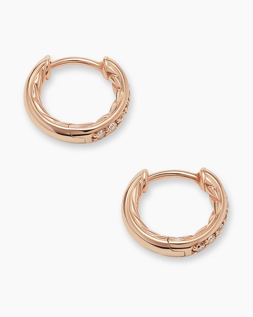 Womens Petite Pavé Huggie Hoop Earrings in 18K Rose Gold with Cognac Diamonds, 12mm