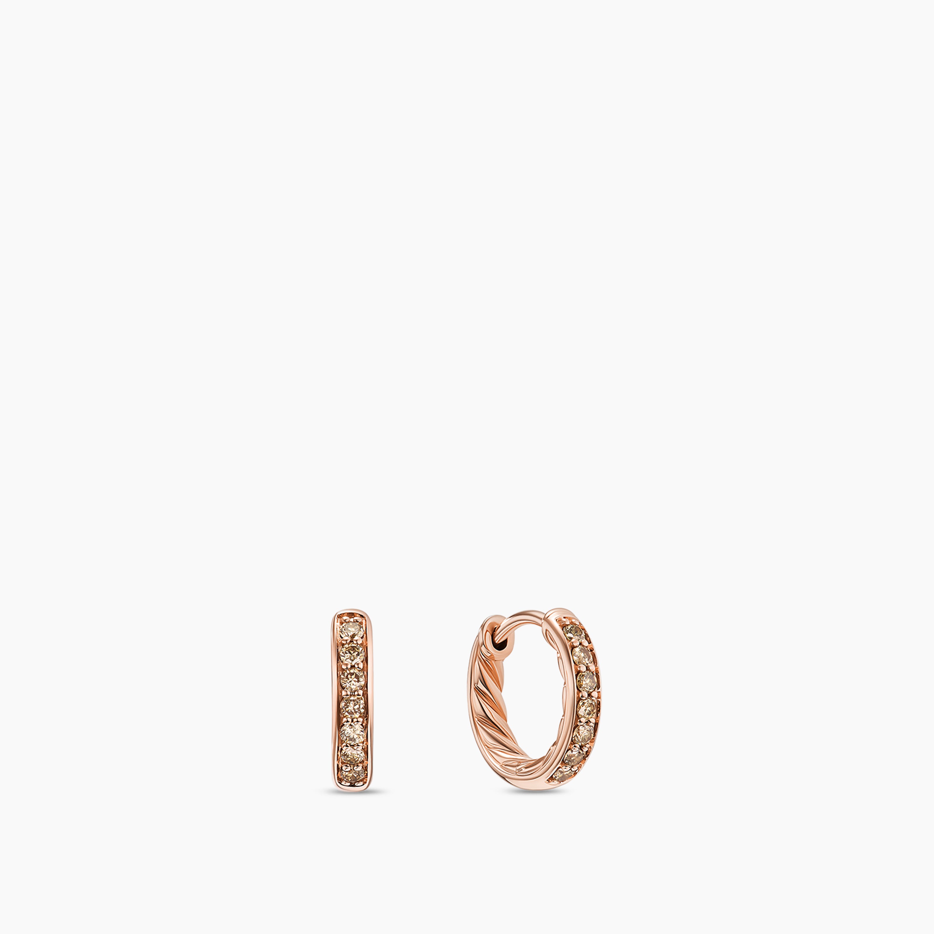 Womens Petite Pav&eacute; Huggie Hoop Earrings in 18K Rose Gold with Cognac Diamonds, 12mm