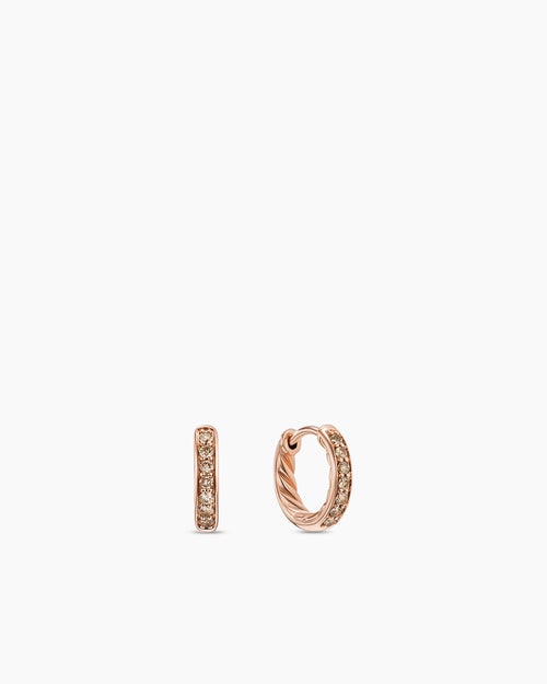 Womens Petite Pavé Huggie Hoop Earrings in 18K Rose Gold with Cognac Diamonds, 12mm