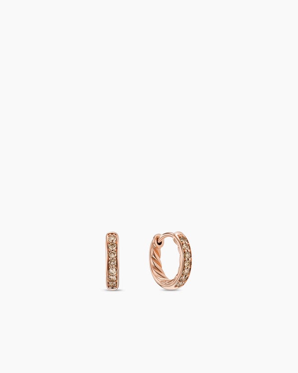 Petite Pavé Huggie Hoop Earrings in 18K Rose Gold with Cognac Diamonds, 12mm