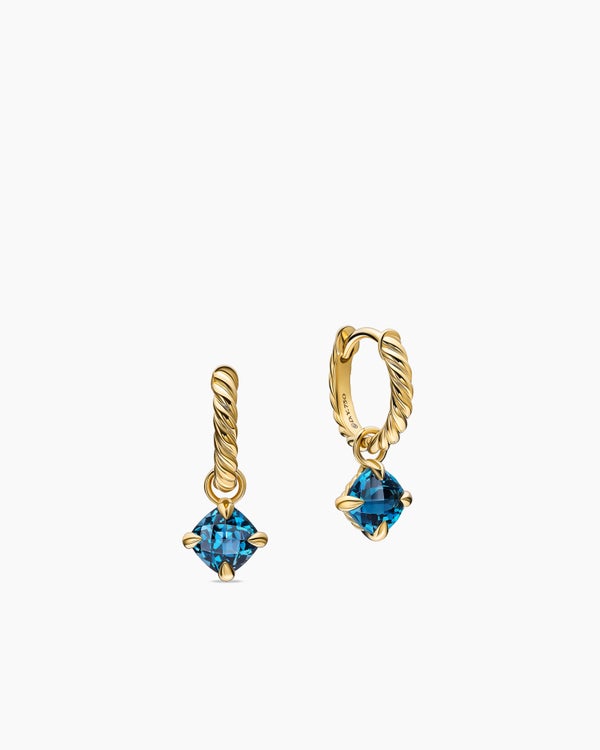 Boucles d’oreilles pendantes Mircro Chatelaine® en or jaune 18 carats avec topaze bleu Hampton, 5 mm