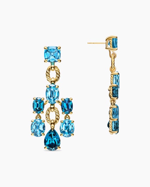 Womens Marbella Chandelier Earrings in 18K Yellow Gold with Blue Topaz and Hampton Blue Topaz, 57mm