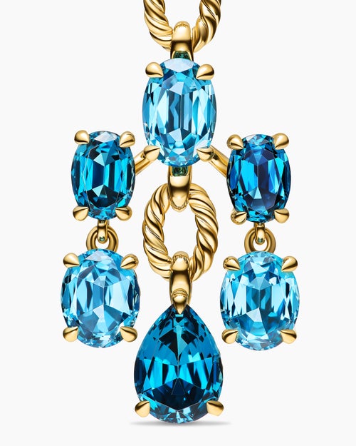 Womens Marbella Chandelier Earrings in 18K Yellow Gold with Blue Topaz and Hampton Blue Topaz, 57mm