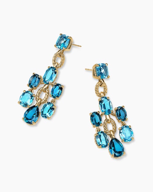 Womens Marbella Chandelier Earrings in 18K Yellow Gold with Blue Topaz and Hampton Blue Topaz, 57mm