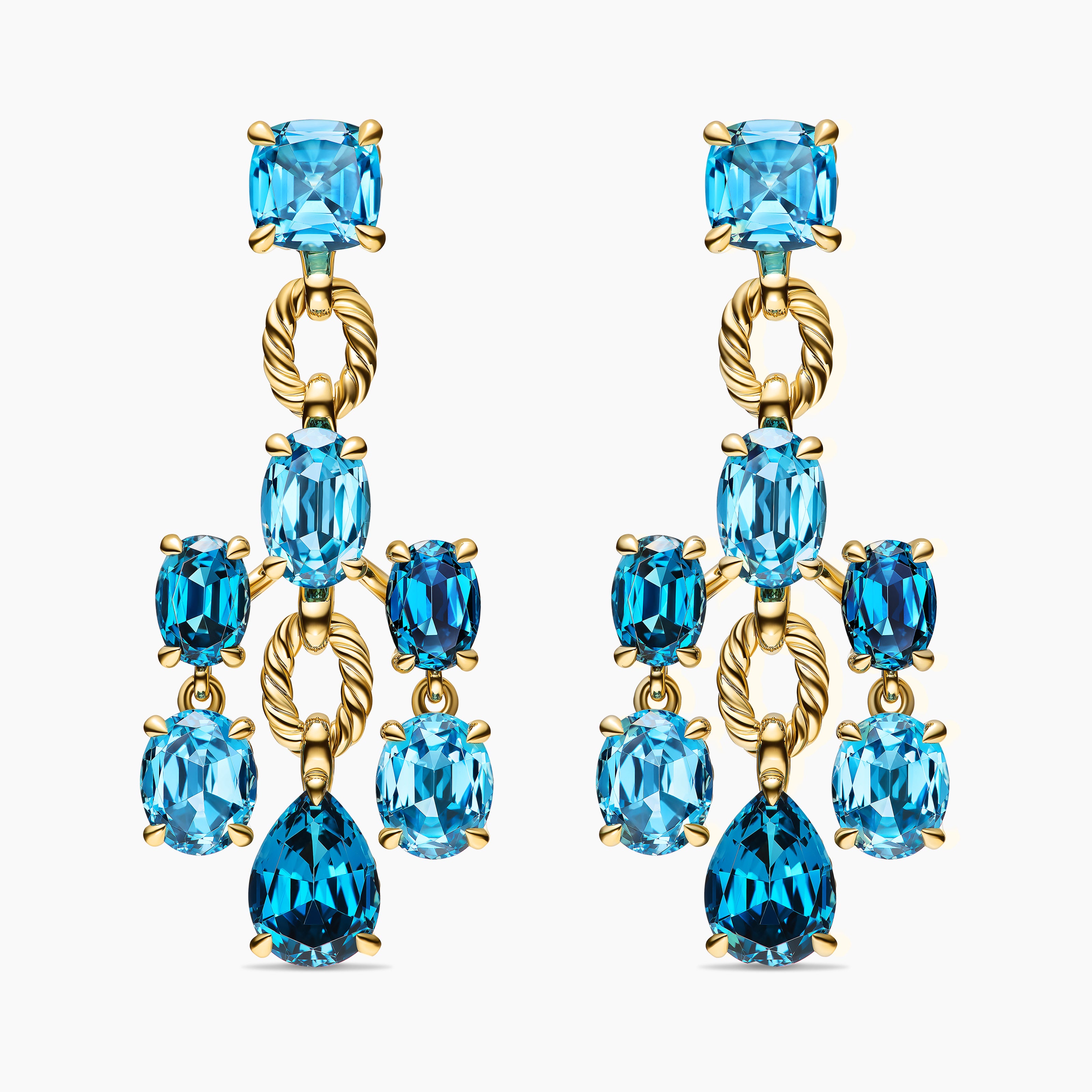 Womens Marbella Chandelier Earrings in 18K Yellow Gold with Blue Topaz and Hampton Blue Topaz, 57mm