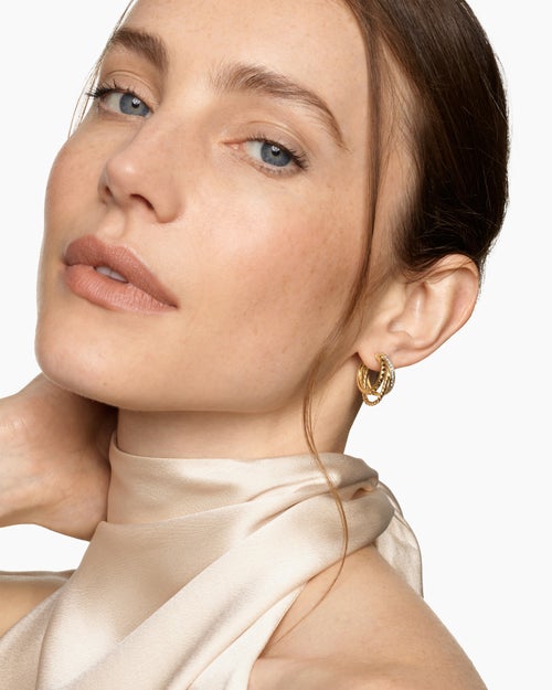 Womens Crossover Trio Multi Row Hoop Earrings in 18K Yellow Gold with Diamonds, 18mm