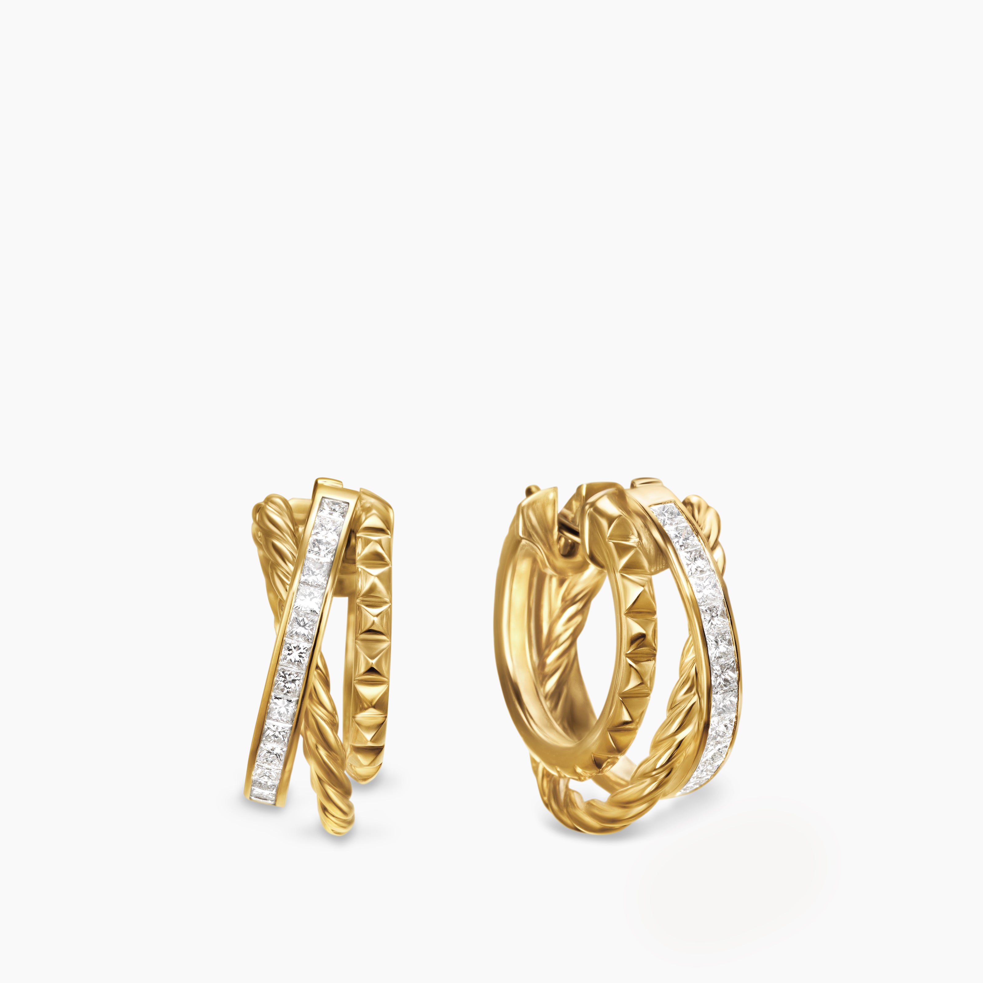Womens Crossover Trio Multi Row Hoop Earrings in 18K Yellow Gold with Diamonds, 18mm