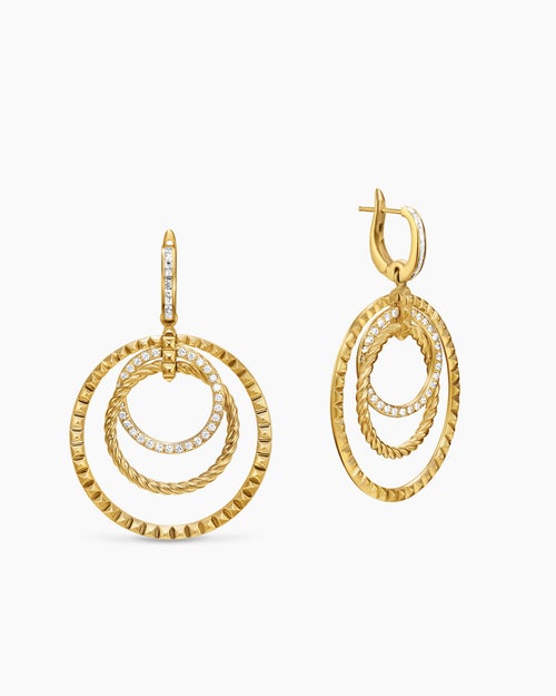 Womens Crossover Trio Drop Earrings in 18K Yellow Gold with Diamonds, 35mm