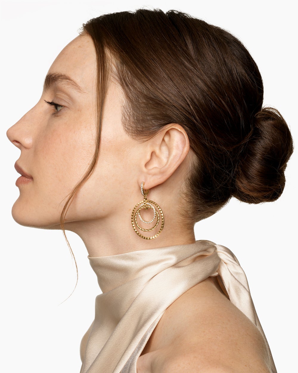 Womens Crossover Trio Drop Earrings in 18K Yellow Gold with Diamonds, 35mm
