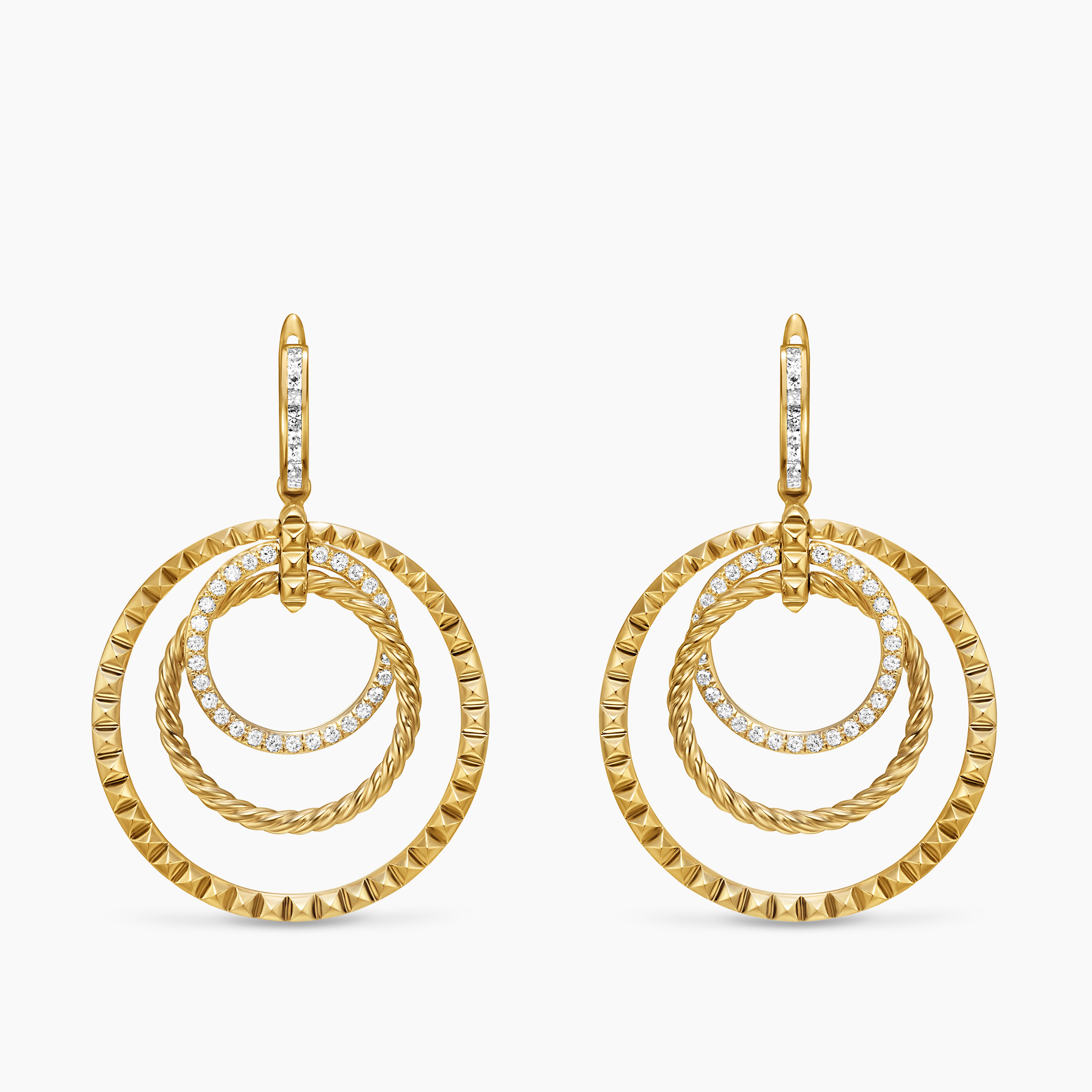 Womens Crossover Trio Drop Earrings in 18K Yellow Gold with Diamonds, 35mm