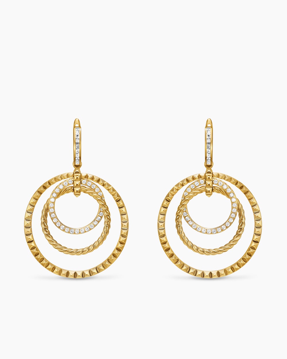 Womens Crossover Trio Drop Earrings in 18K Yellow Gold with Diamonds, 35mm