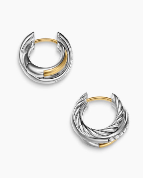 Womens Crossover Three Row Huggie Hoop Earrings in Sterling Silver with 18K Yellow Gold, 13mm