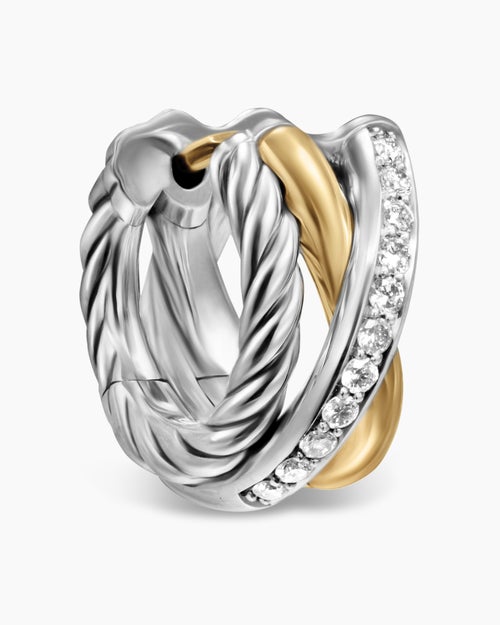 Womens Crossover Three Row Huggie Hoop Earrings in Sterling Silver with 18K Yellow Gold, 13mm