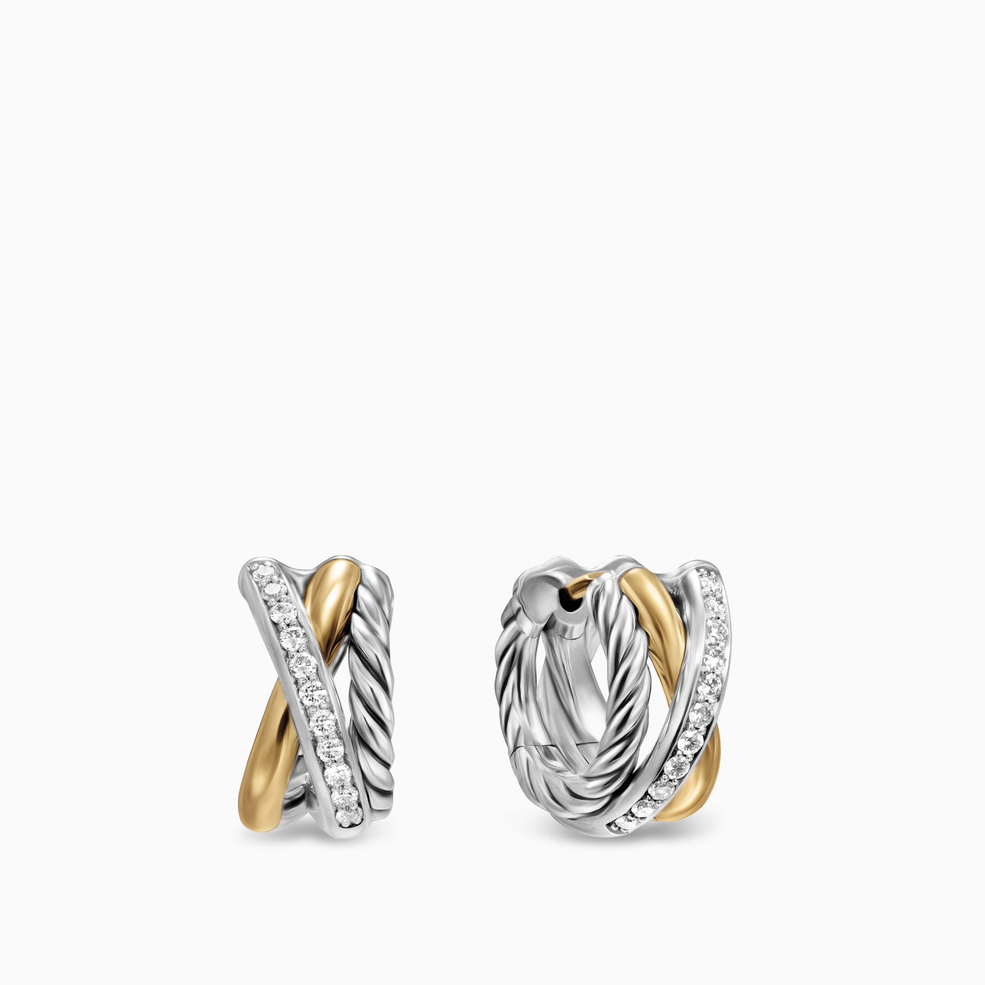Womens Crossover Three Row Huggie Hoop Earrings in Sterling Silver with 18K Yellow Gold, 13mm