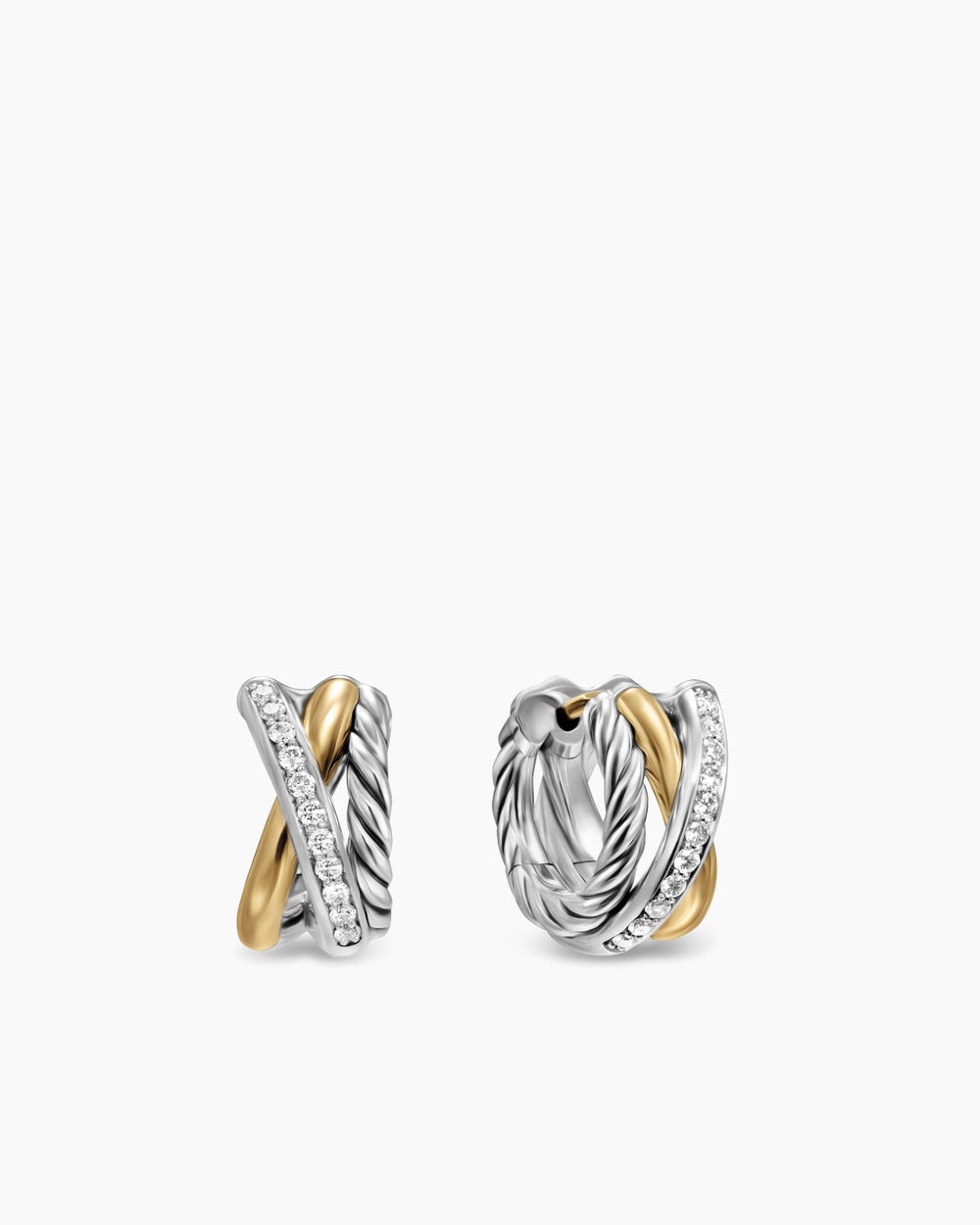 Womens Crossover Three Row Huggie Hoop Earrings in Sterling Silver with 18K Yellow Gold, 13mm
