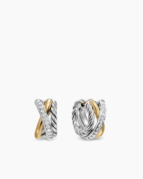 Womens Crossover Three Row Huggie Hoop Earrings in Sterling Silver with 18K Yellow Gold, 13mm