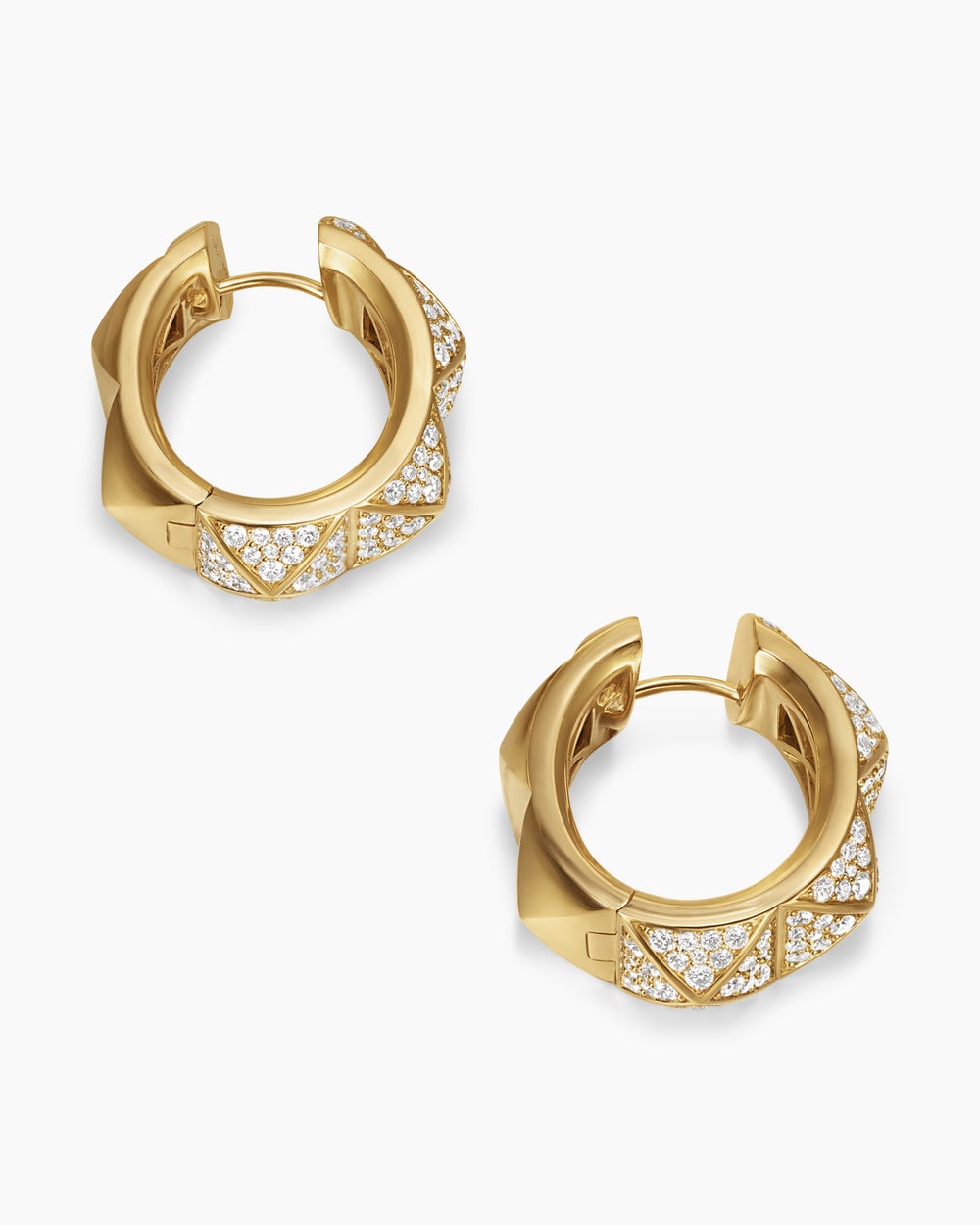 Womens Pyramid Hoop Earrings in 18K Yellow Gold with Diamonds, 23.9mm