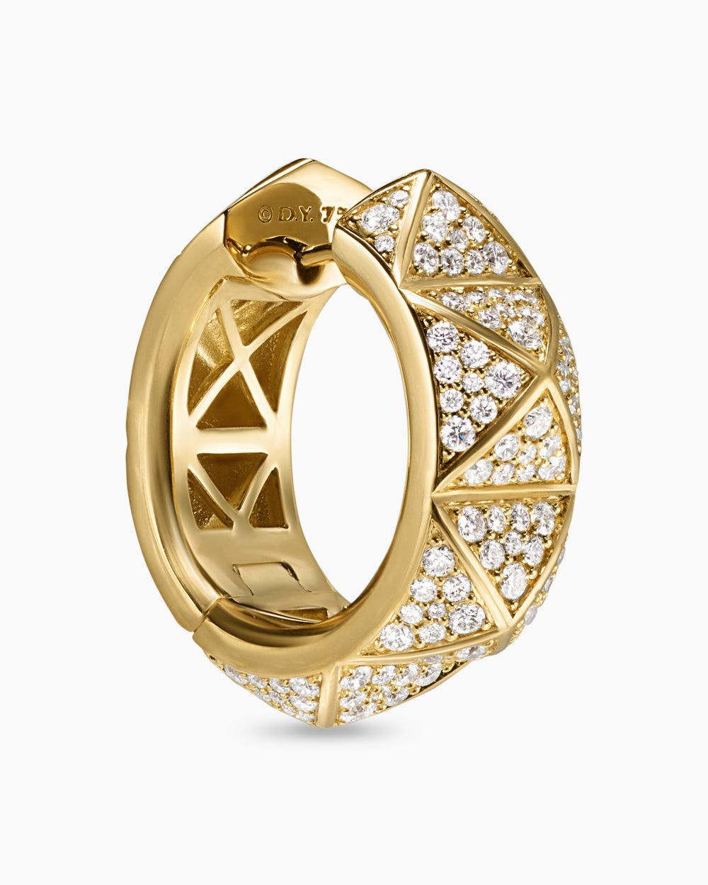 Womens Pyramid Hoop Earrings in 18K Yellow Gold with Diamonds, 23.9mm