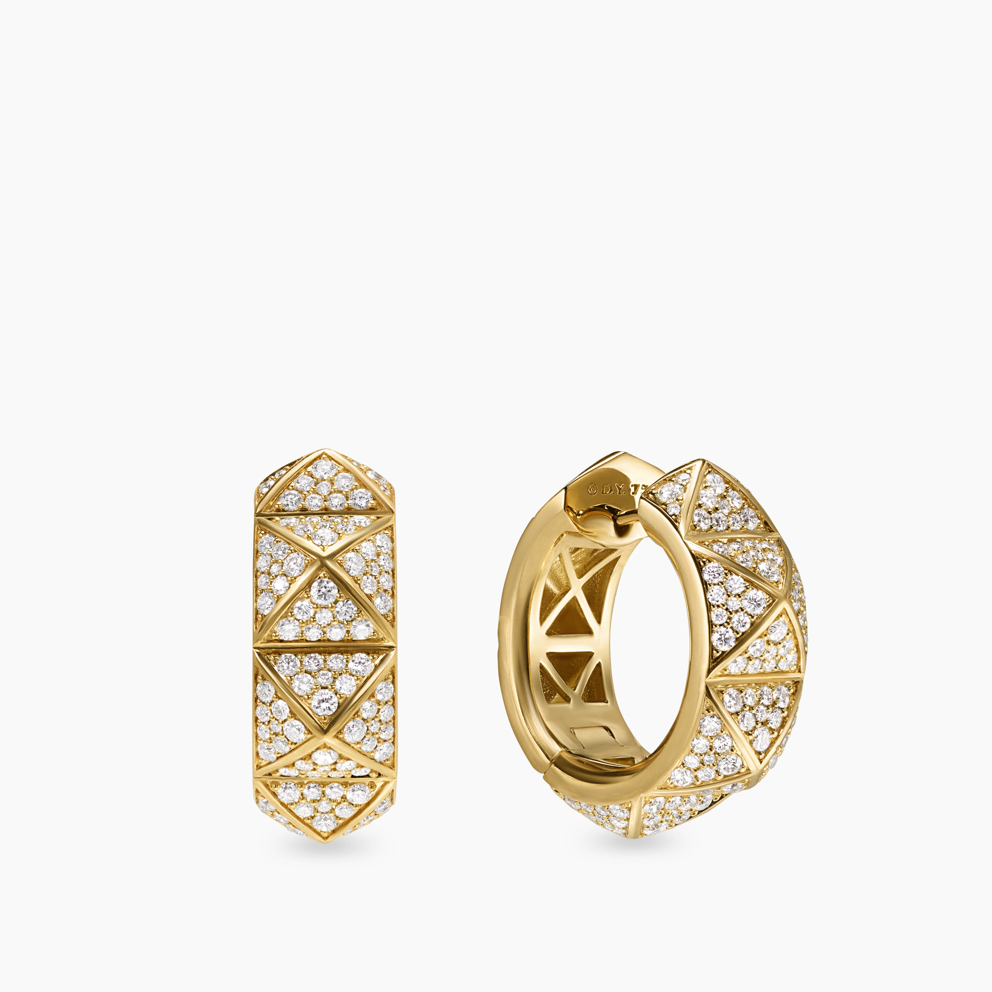 Womens Pyramid Hoop Earrings in 18K Yellow Gold with Diamonds, 23.9mm