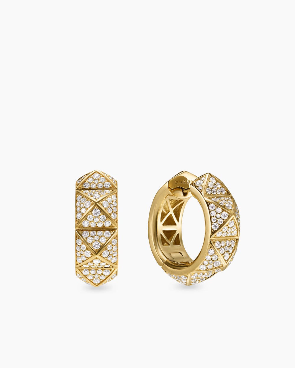 Womens Pyramid Hoop Earrings in 18K Yellow Gold with Diamonds, 23.9mm
