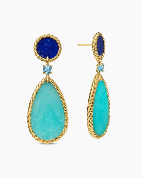 Womens DY Elements® Statement Drop Earrings in 18K Yellow Gold with Amazonite, Lapis Lazuli and Blue Topaz, 56mm