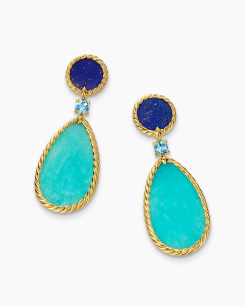Womens DY Elements® Statement Drop Earrings in 18K Yellow Gold with Amazonite, Lapis Lazuli and Blue Topaz, 56mm