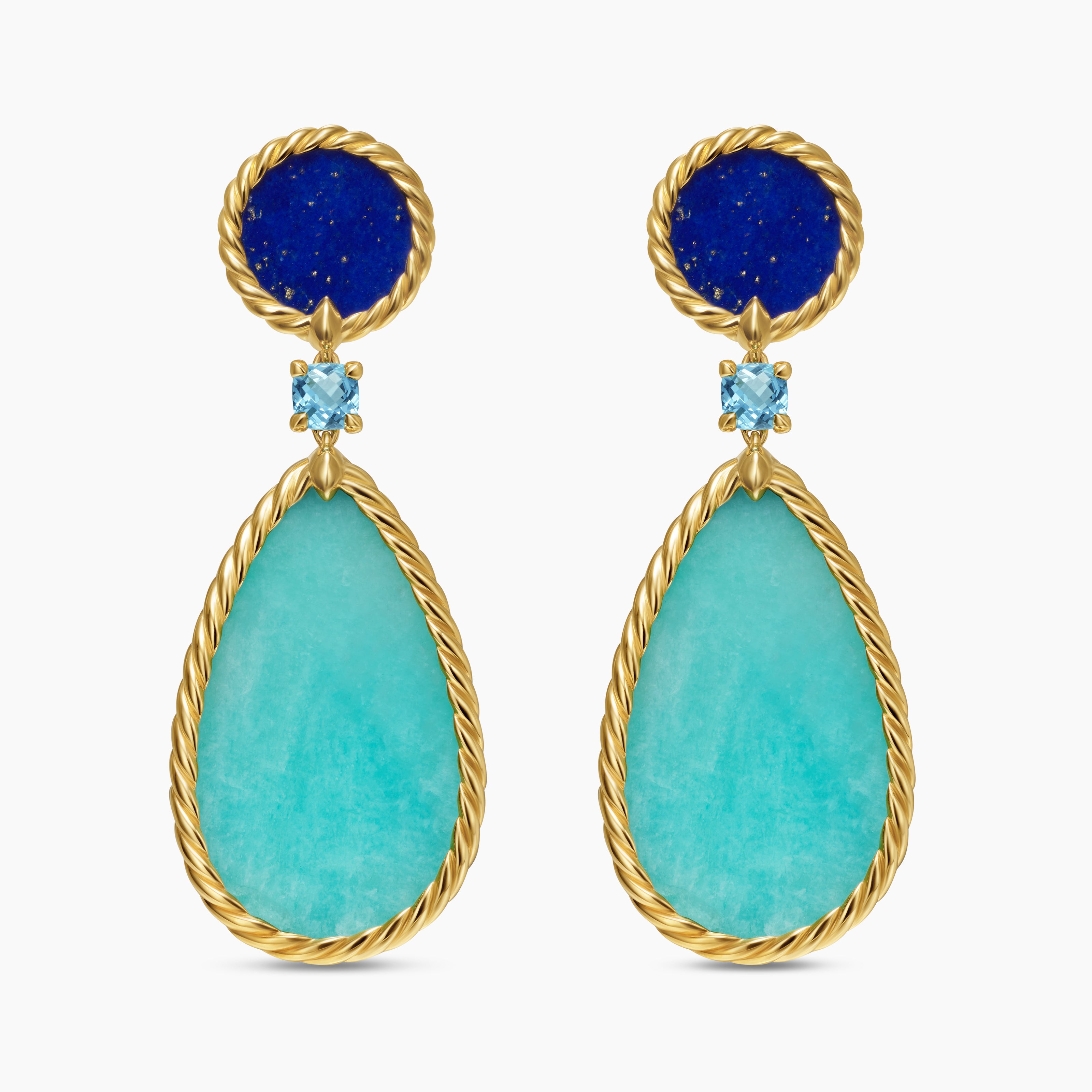 Womens DY Elements&reg; Statement Drop Earrings in 18K Yellow Gold with Amazonite, Lapis Lazuli and Blue Topaz, 56mm