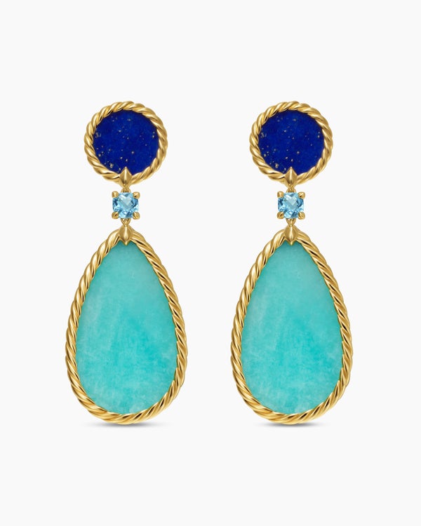 DY Elements® Statement Drop Earrings in 18K Yellow Gold with Amazonite, Lapis Lazuli and Blue Topaz, 56mm