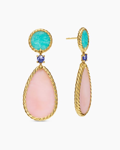 Womens DY Elements® Statement Drop Earrings in 18K Yellow Gold with Pink Opal, Amazonite and Tanzanite, 56mm