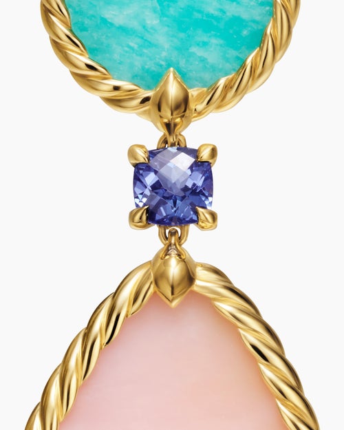 Womens DY Elements® Statement Drop Earrings in 18K Yellow Gold with Pink Opal, Amazonite and Tanzanite, 56mm