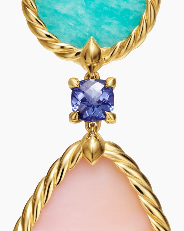 DY Elements® Statement Drop Earrings in 18K Yellow Gold with Pink Opal, Amazonite and Tanzanite, 56mm