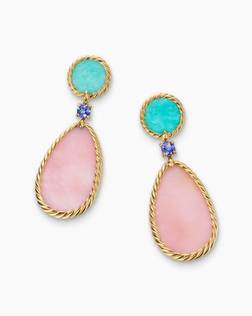 Womens DY Elements® Statement Drop Earrings in 18K Yellow Gold with Pink Opal, Amazonite and Tanzanite, 56mm