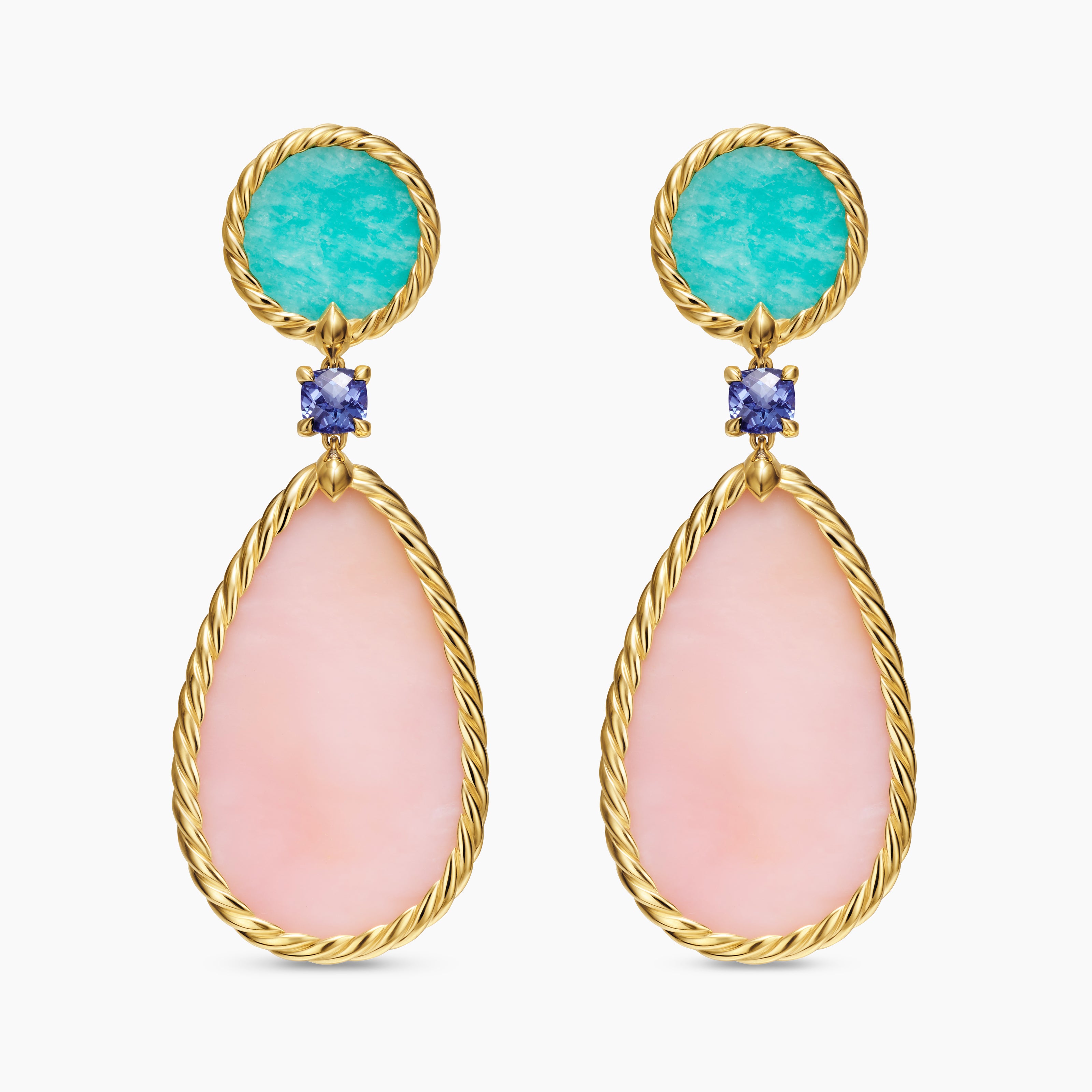 Womens DY Elements&reg; Statement Drop Earrings in 18K Yellow Gold with Pink Opal, Amazonite and Tanzanite, 56mm