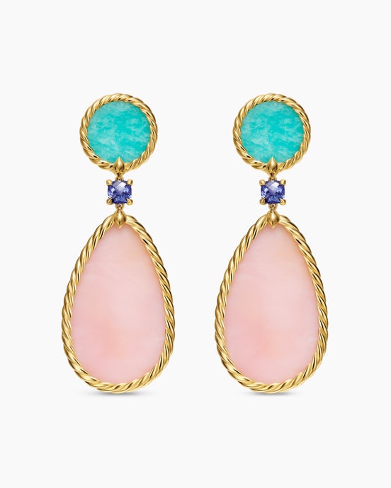 DY Elements® Statement Drop Earrings in 18K Yellow Gold with Pink Opal, Amazonite and Tanzanite, 56mm