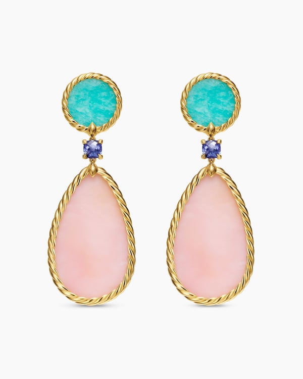 DY Elements® Statement Drop Earrings in 18K Yellow Gold with Pink Opal, Amazonite and Tanzanite, 56mm