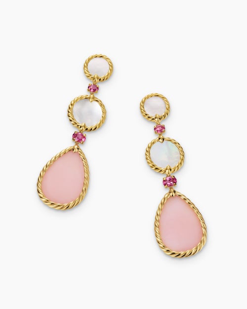 Womens DY Elements® Statement Drop Earrings in 18K Yellow Gold with Pink Opal, Mother of Pearl and Pink Tourmaline, 70mm