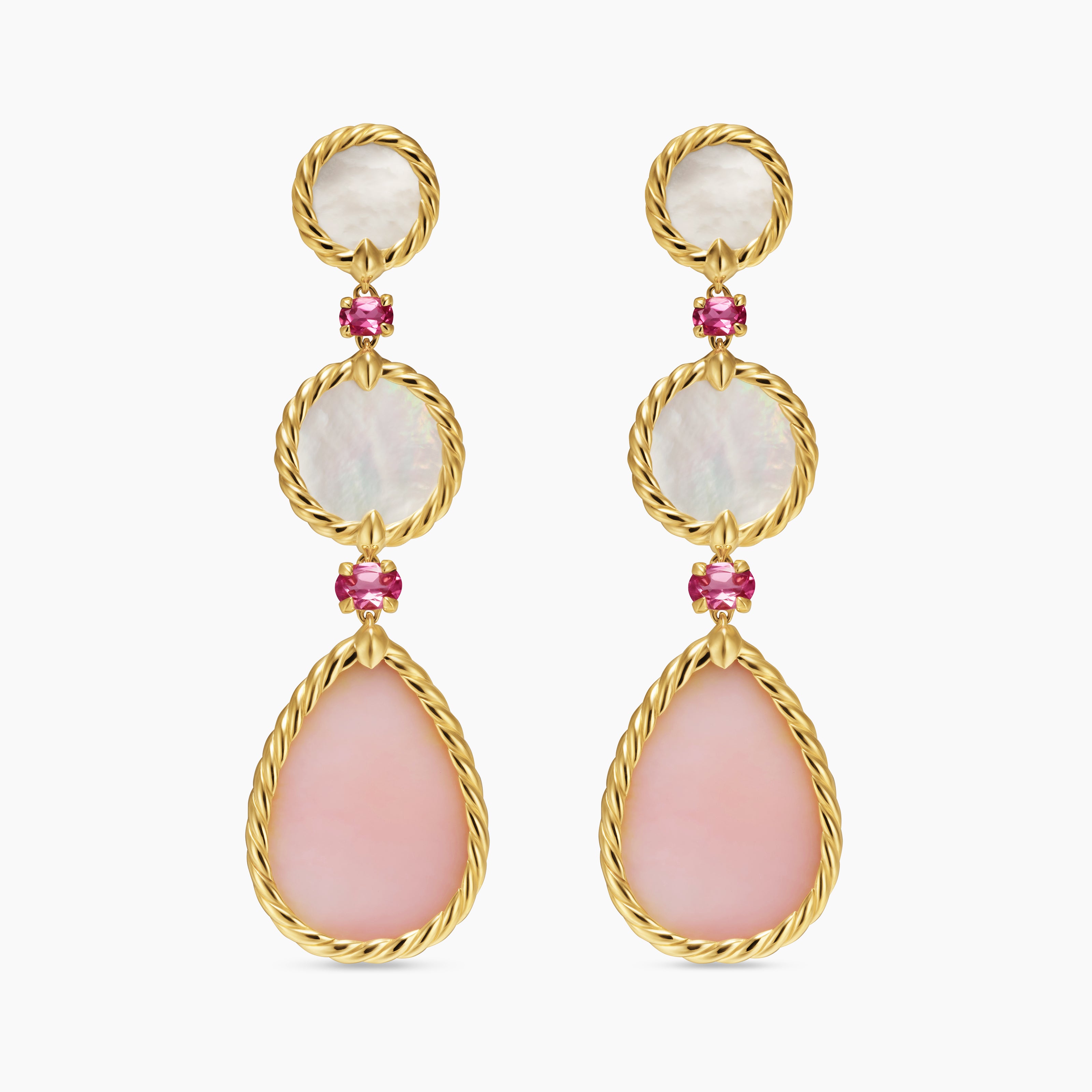 Womens DY Elements&reg; Statement Drop Earrings in 18K Yellow Gold with Pink Opal, Mother of Pearl and Pink Tourmaline, 70mm